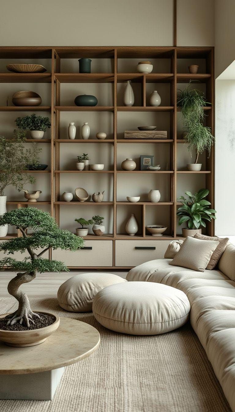 3. Calm Shelving for Ceramics and Bonsai Trees