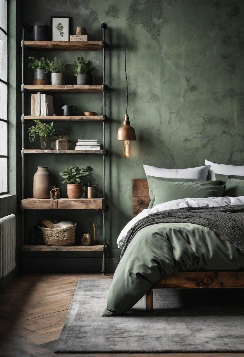 35. Industrial-Style Sage Green Bedroom