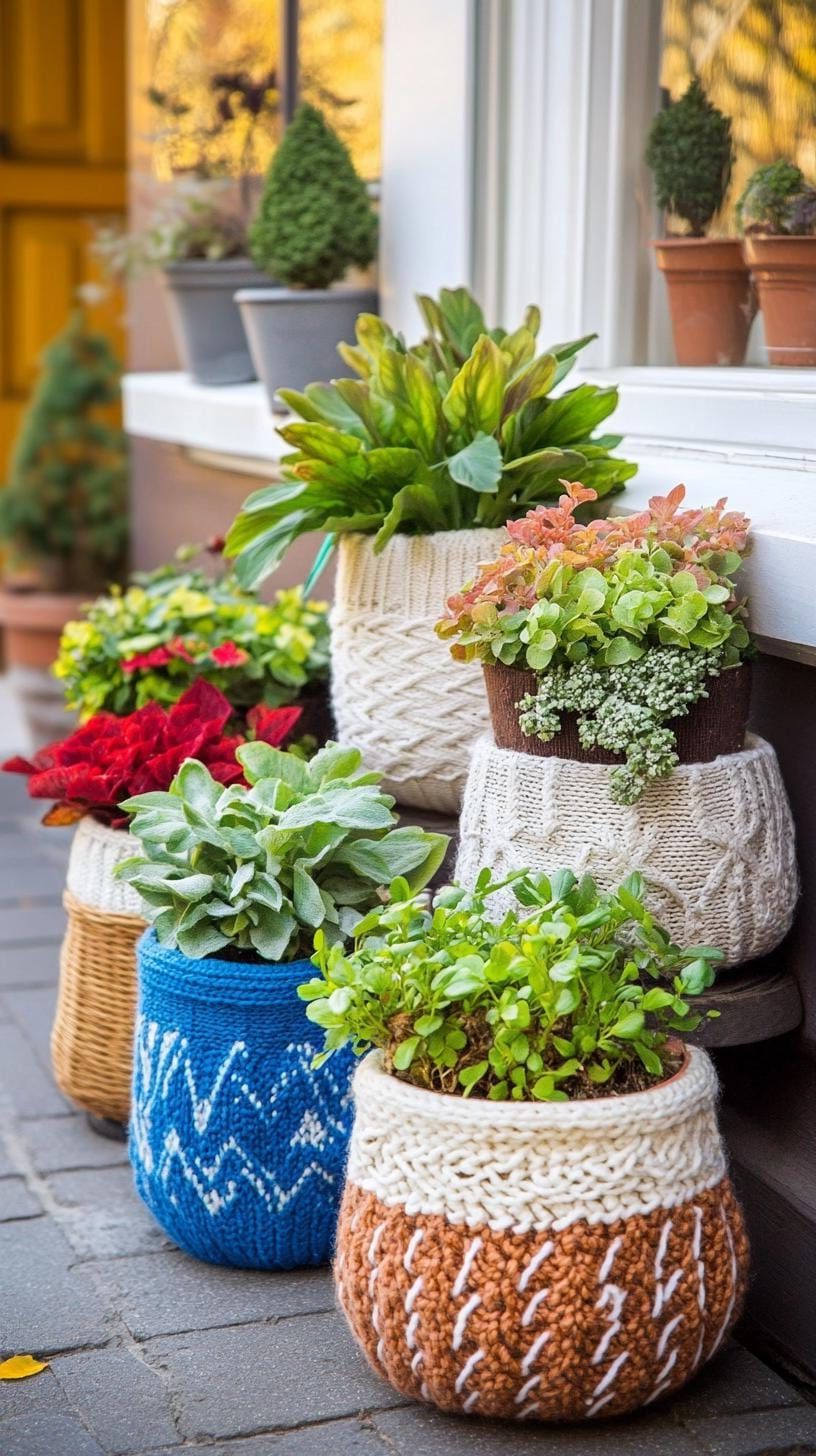 6. Recycled Wool Sweater Planters with Winter Greens