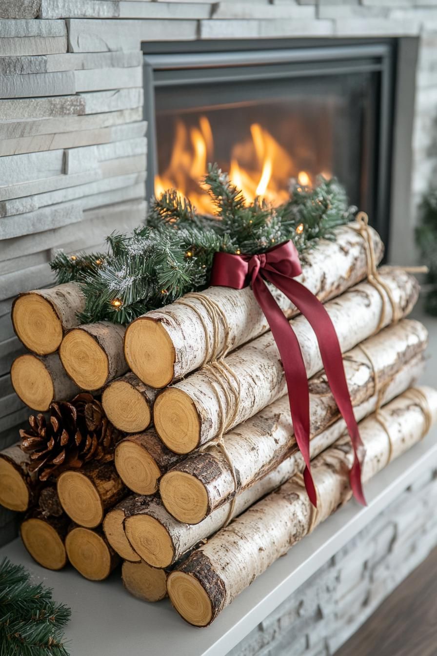 18. Rustic Birch Log Fireplace Styling