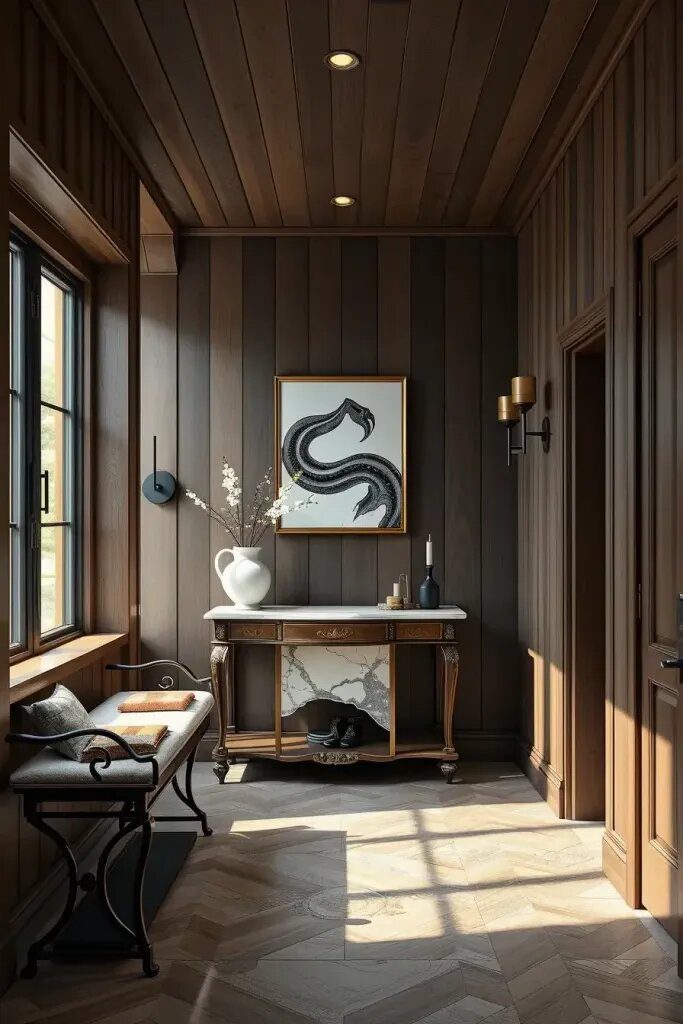 Dark-Stained Timber for Bold, Moody Hallways