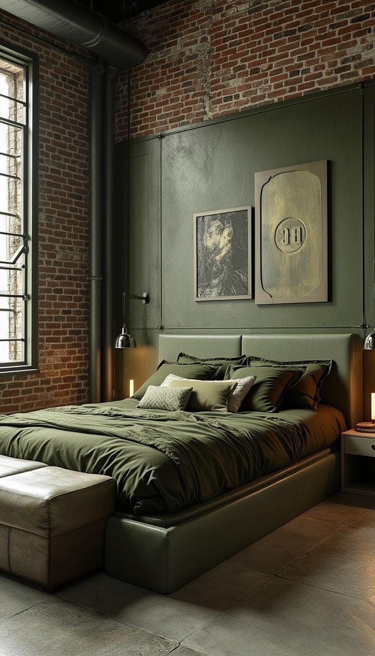 9. Olive Green Industrial Bedroom with Exposed Brick - photo 3