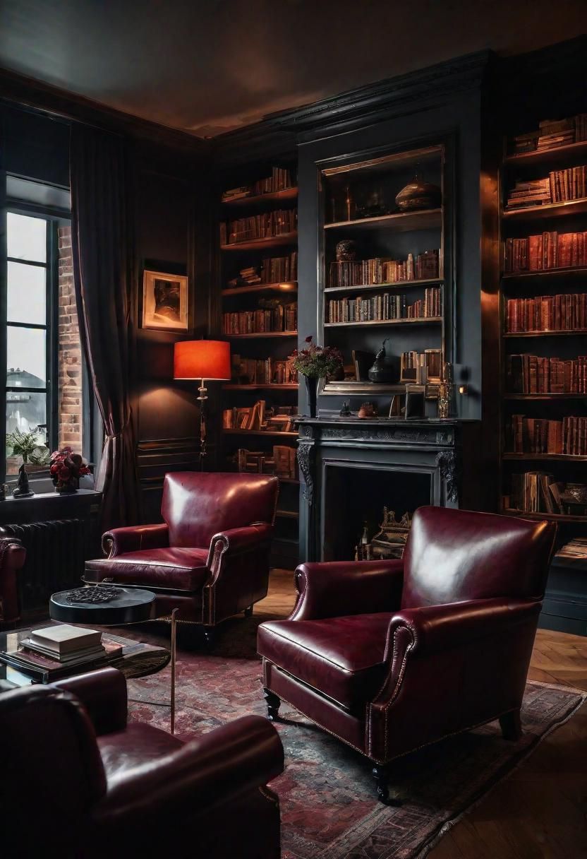 5. Deep-Toned Chairs and Dark Shelving