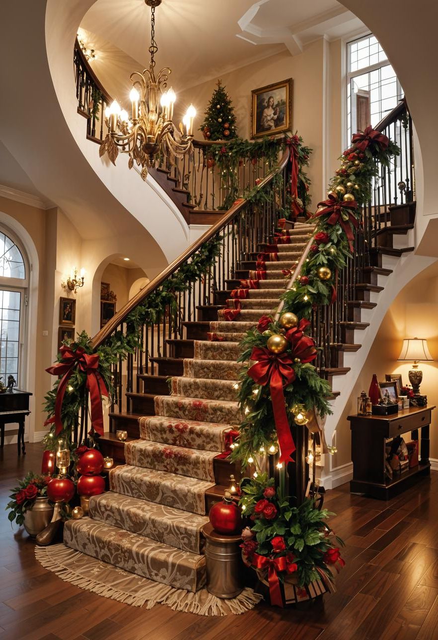 6. Staircase Garland with Oversized Ornaments