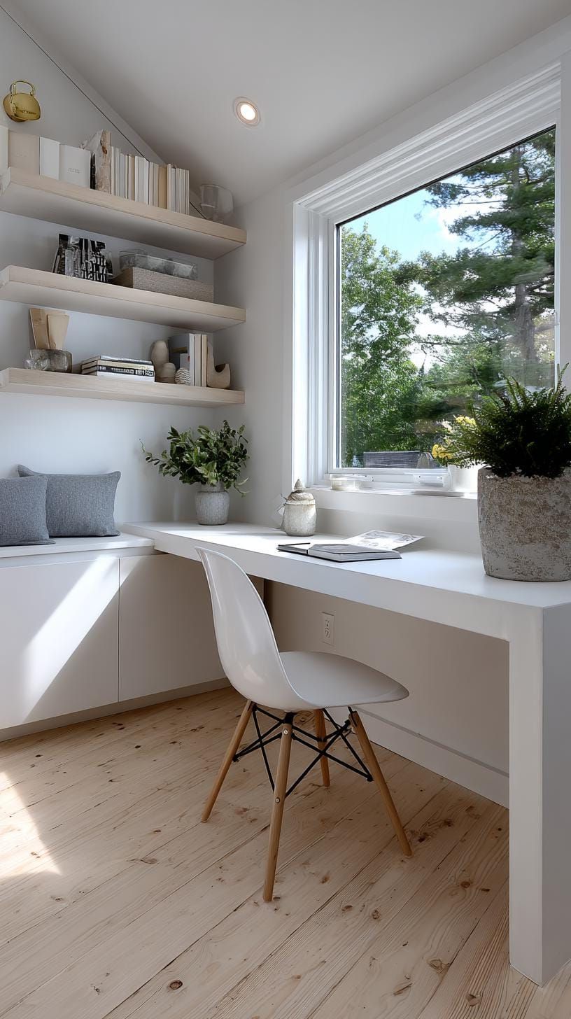 6. White Shed Office with Built-In Corner Desk