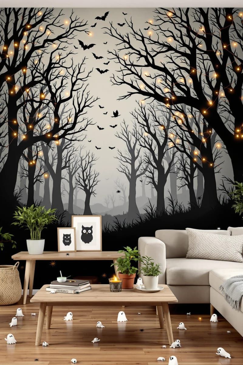 14. Spooky Forest Wall Mural with Fairy Lights - photo 2