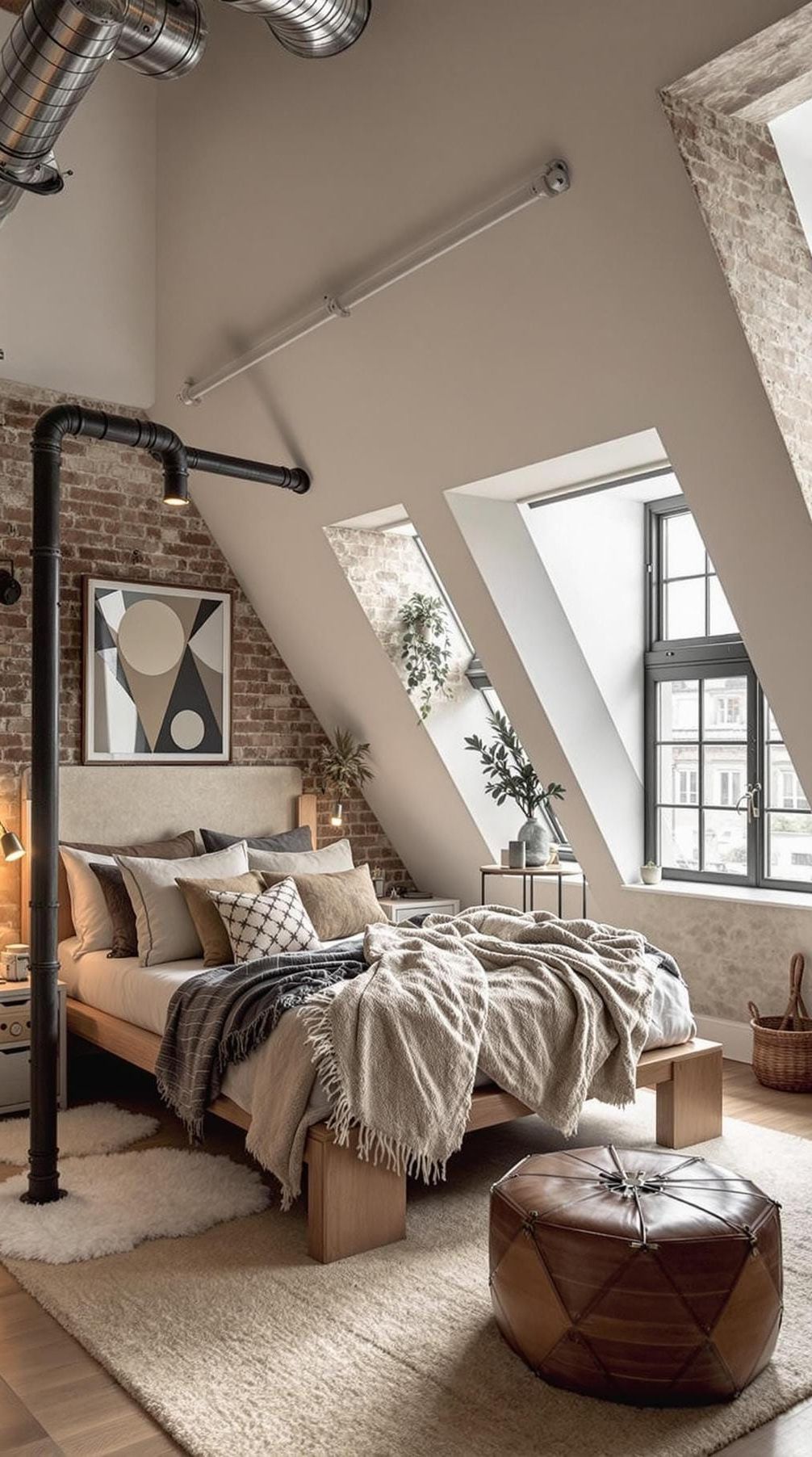 8. Loft Living by Combining Industrial Elements with Cozy Wool and Leather Accents