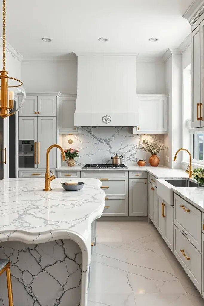 Marble Kitchen Islands With Bold Veining