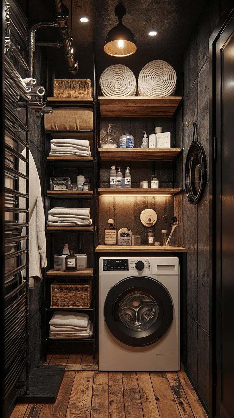15. Industrial black and white laundry room with metal shelving
