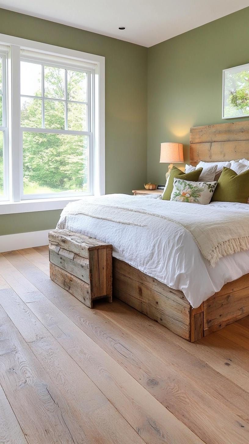 1. Rustic Olive Green Bedroom with Reclaimed Wood
