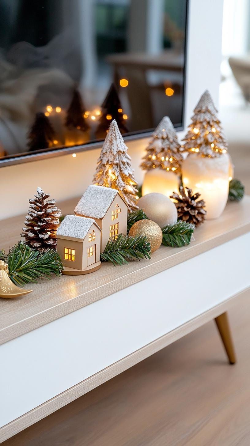 1. Snowy village scene with vintage twinkle lights