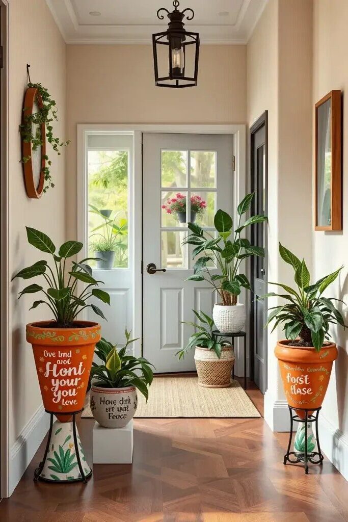 Painted Plant Pots and Pedestals for the Entryway