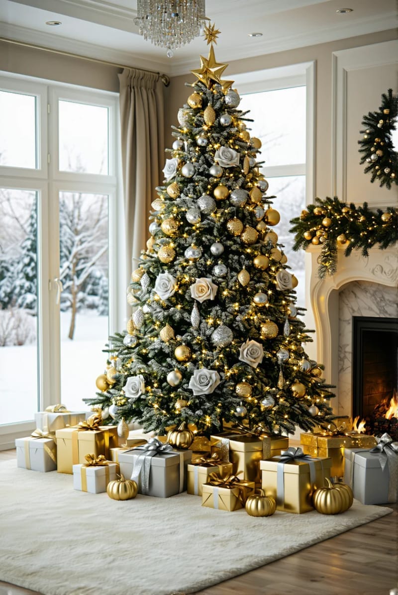 15. Elegant Tree with Cream Roses and Metallic Pumpkins