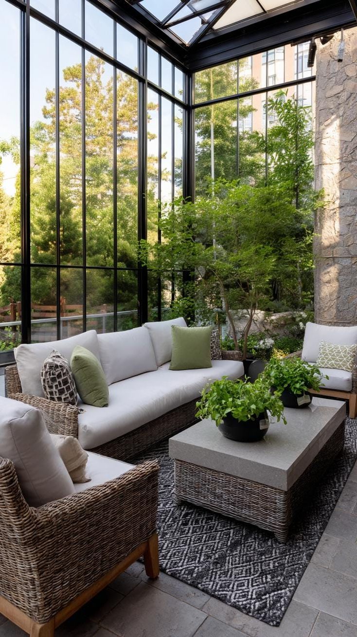 9. A Fully Enclosed Patio With Bold Black Accents