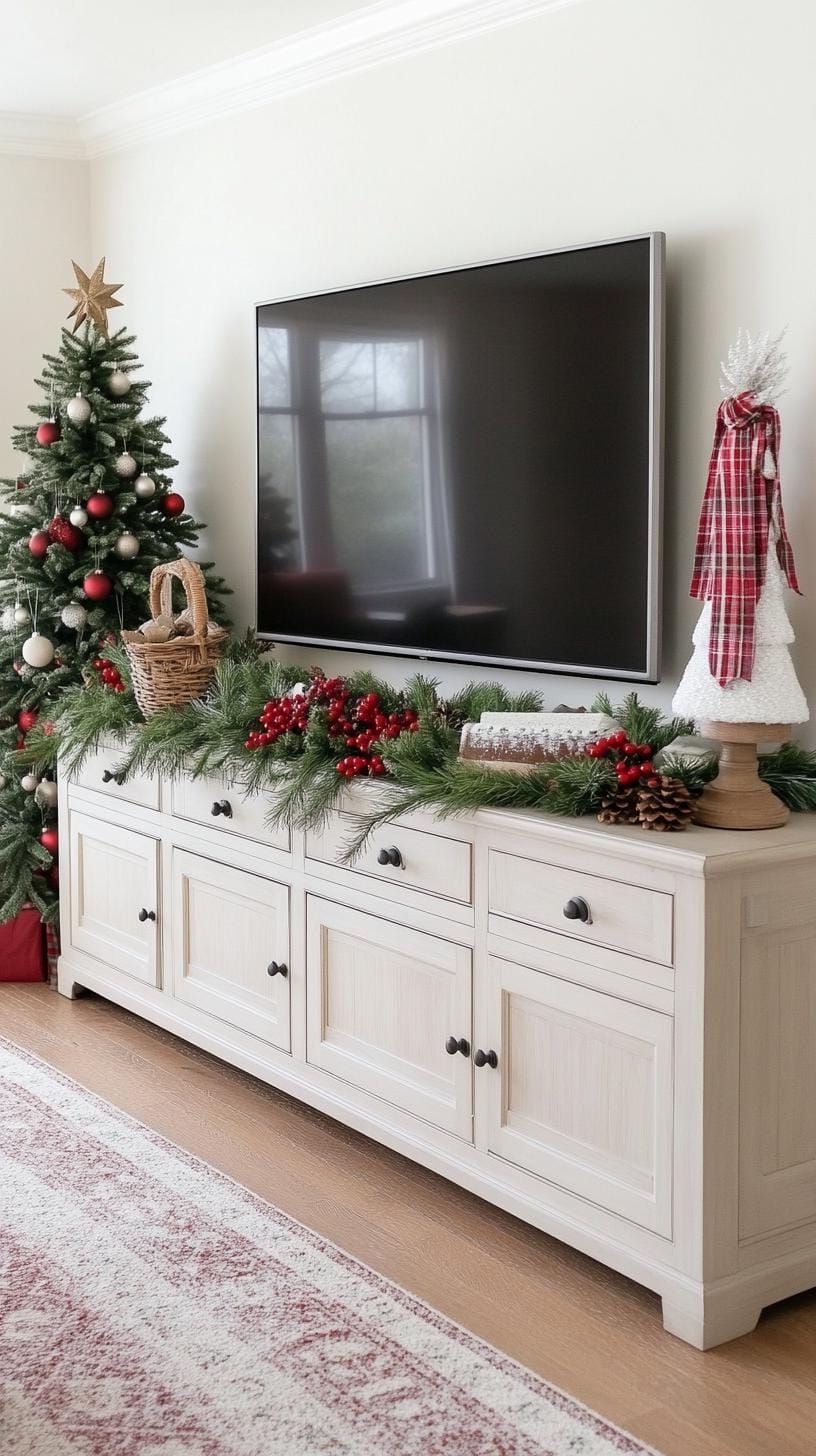 15. Classic TV stand with tartan plaid and pine garland - photo 3