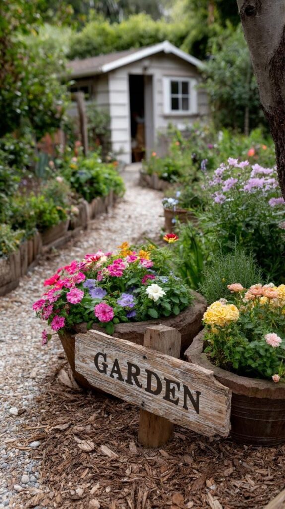 23. A Vintage Sign Surrounded by Full Planters