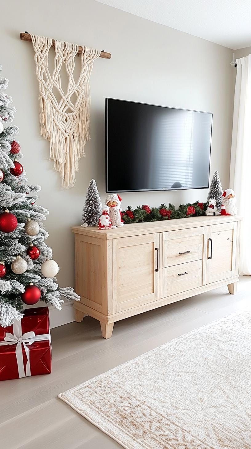 19. Boho TV stand with woven hangings and flocked tree