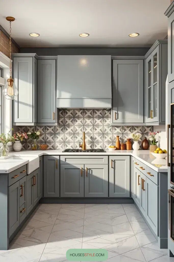 2. Gray Cabinets Paired with Eye-Catching Backsplash Designs