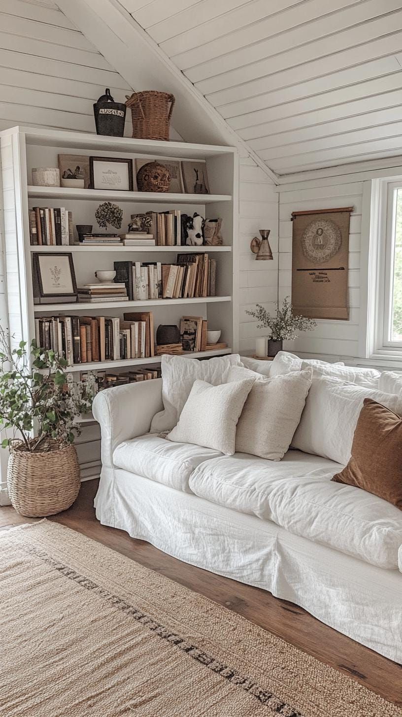 12. Stepped Farmhouse Bookshelves with Eclectic Decor - photo 3