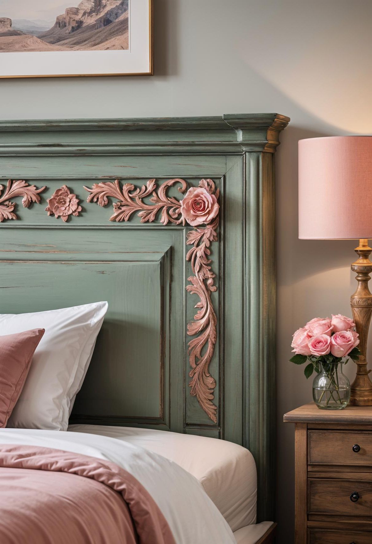 5. Sage Green & Pink Headboard Rusticity