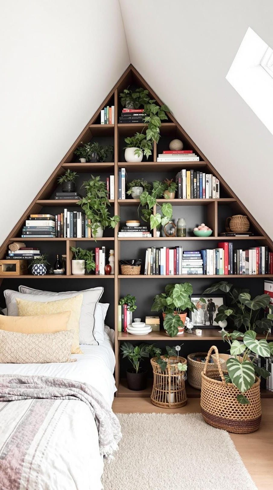 11. Angled Bookcase Along the Sloped Ceiling