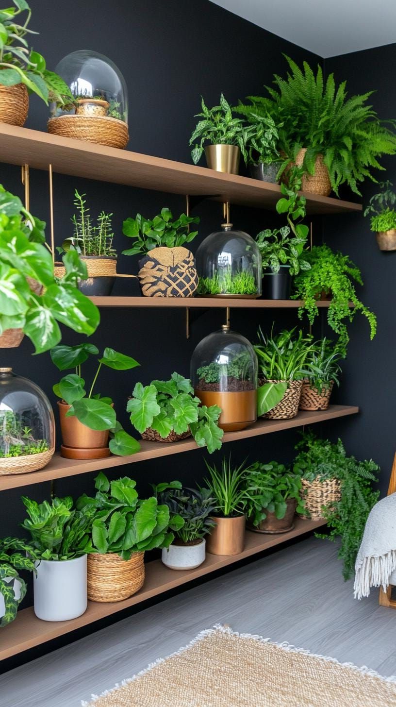 7. Botanical She Shed with Black Walls and Plant Shelves - photo 3