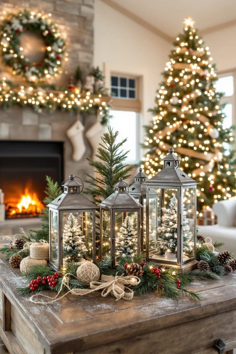 11. Rustic lanterns with mini pine trees and fake snow - photo 2