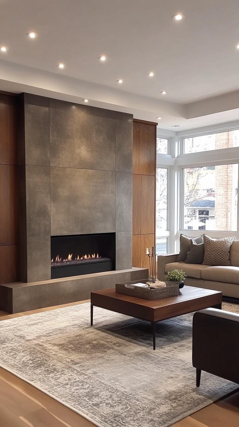 5. Natural wood-paneled wall featuring recessed contemporary gas fireplace