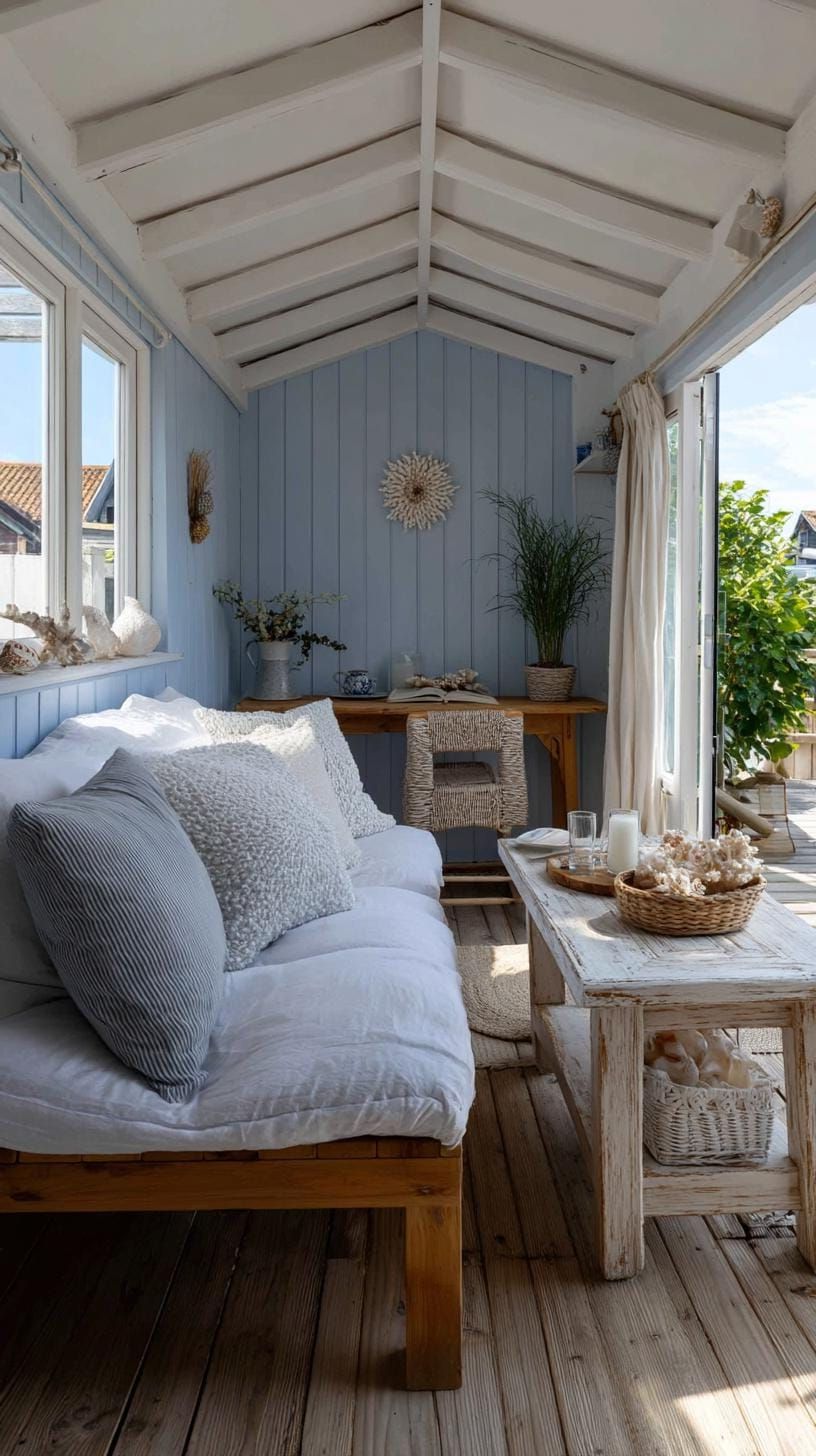 19. Soft Blue Coastal She Shed Office Retreat