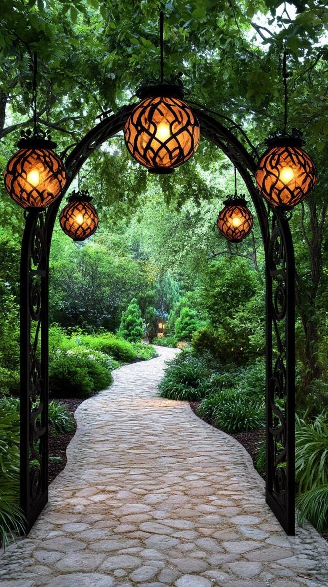 5. Lantern-lit wrought iron garden gate
