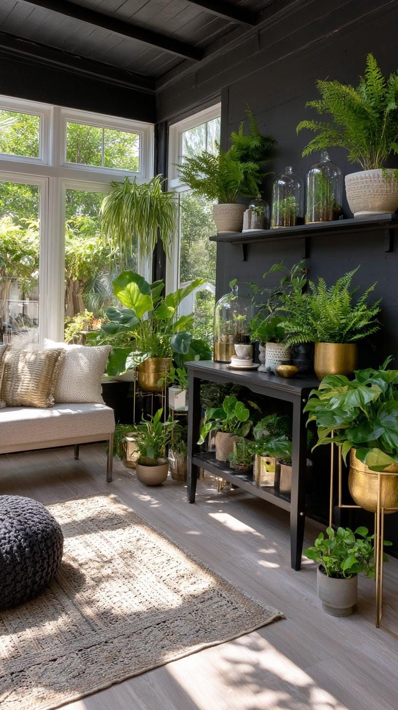 7. Botanical She Shed with Black Walls and Plant Shelves - photo 2