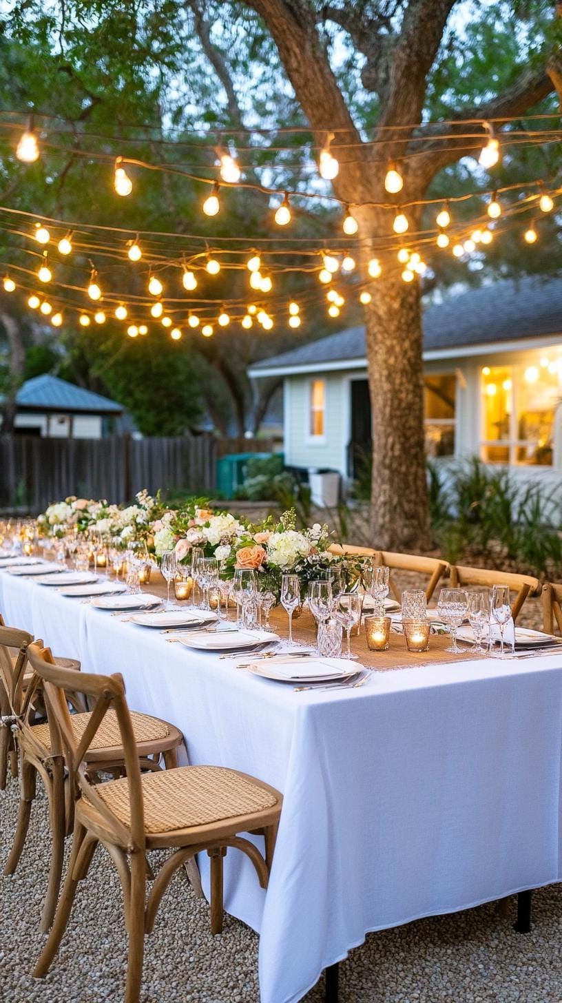 3. Garden Dinner Setup Under A String Light Canopy