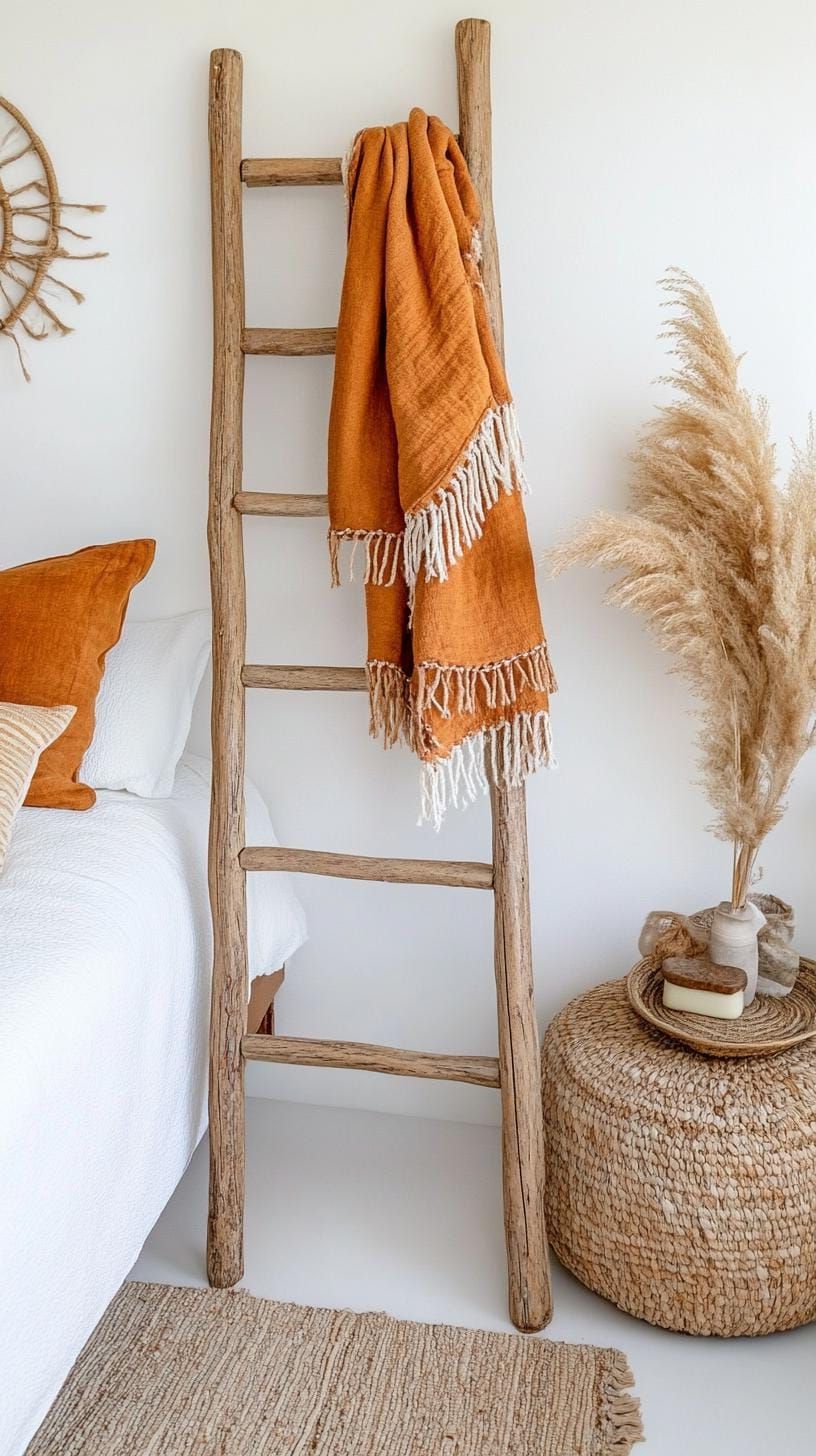 6. Vintage Wooden Ladder as Blanket Rack