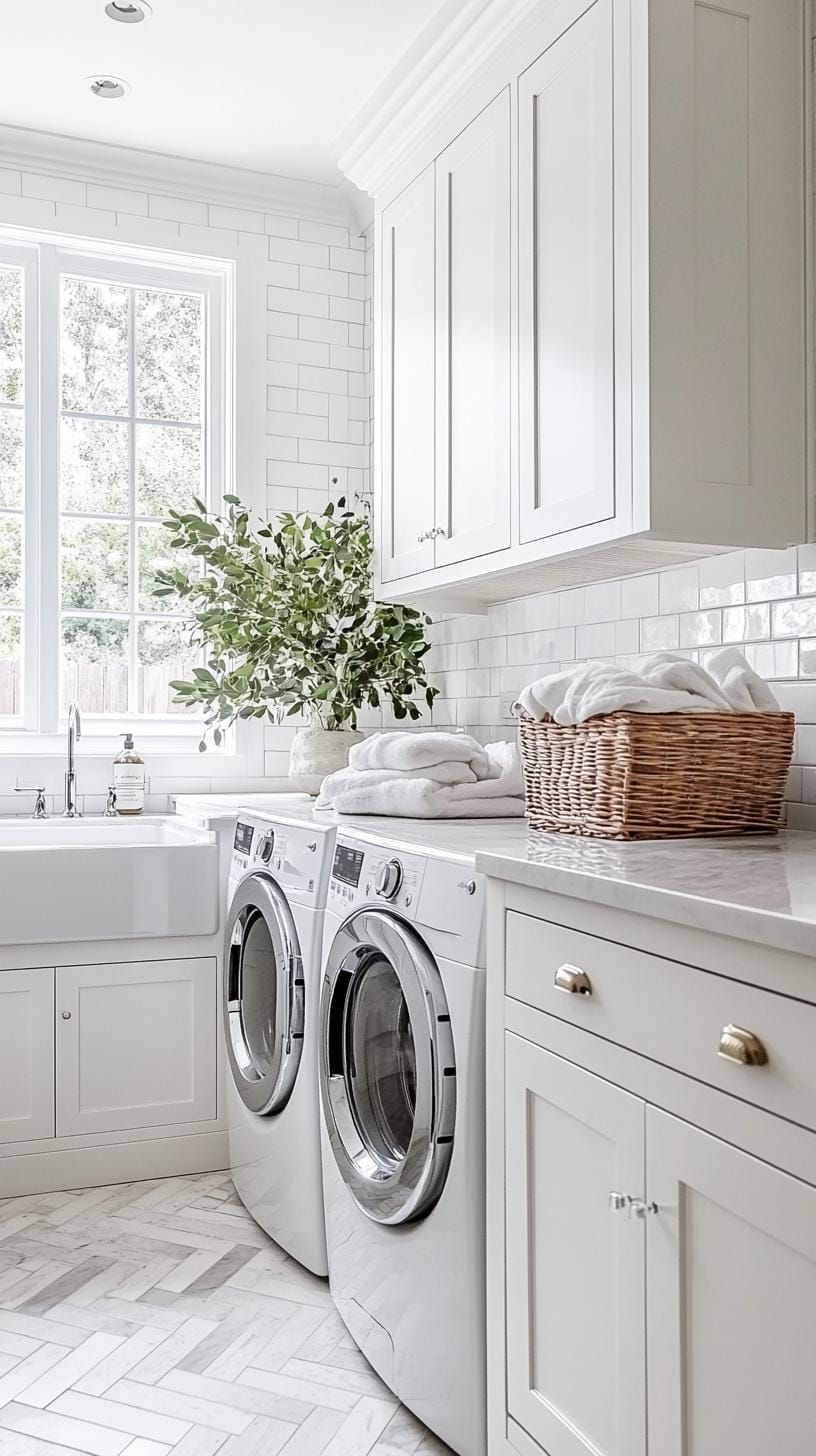 18. Classic white shaker cabinets over herringbone tile floors