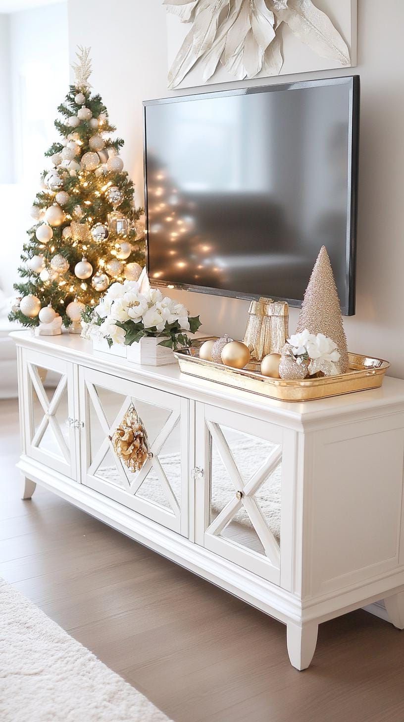 16. Glam TV stand with gold tree and mercury glass
