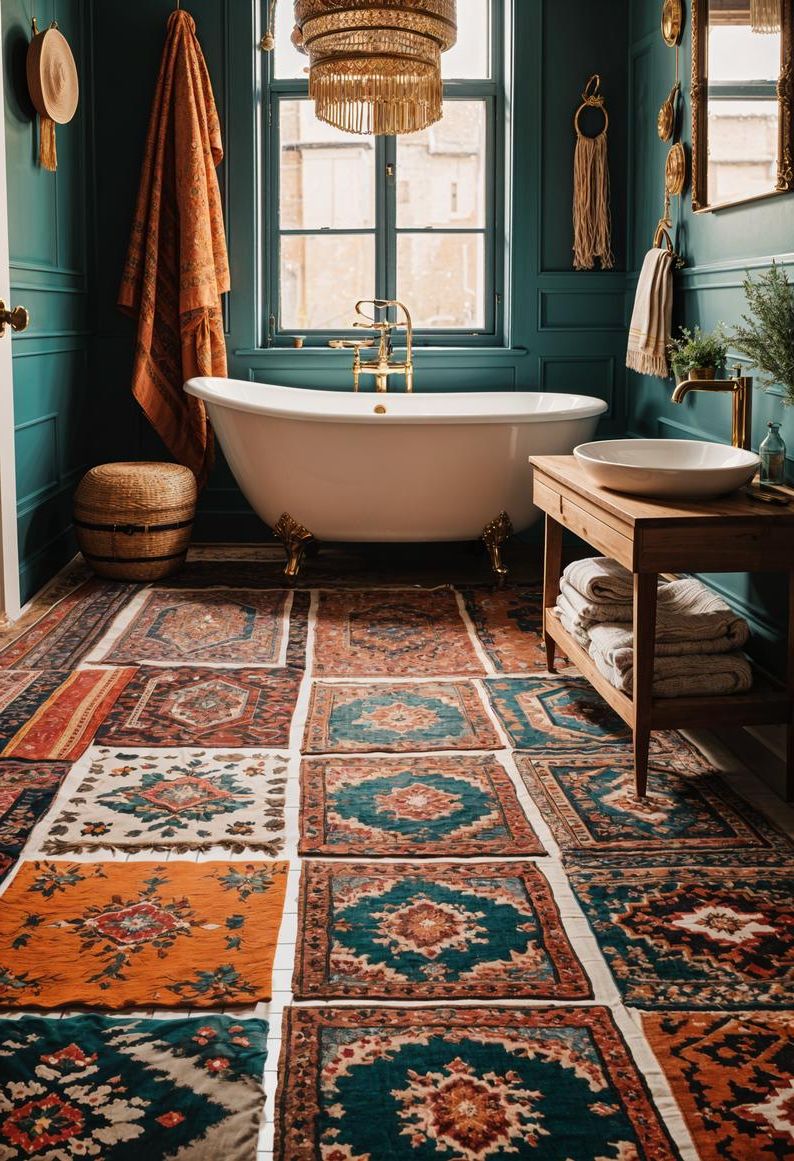 24. Layering Rugs in a Boho Bathroom