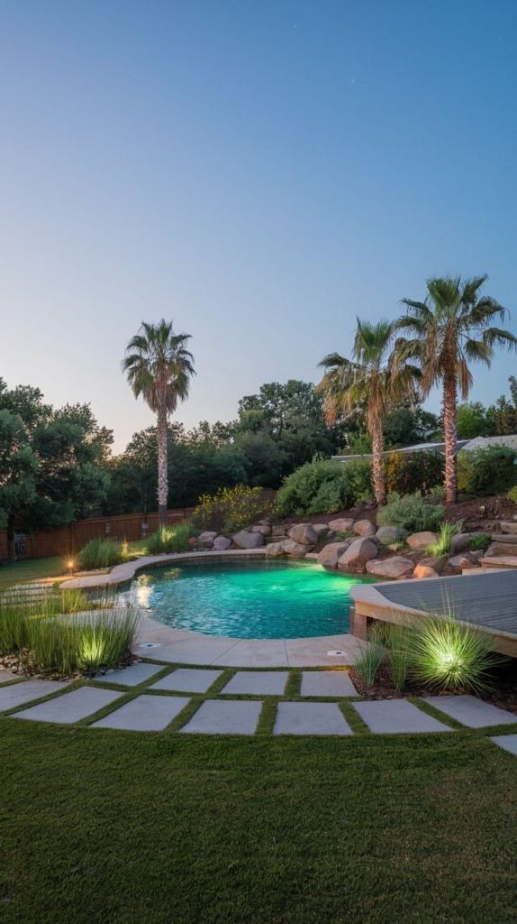 2. Rock Accents and Deck Views for a Dreamy Pool