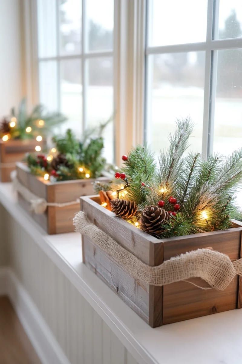 25. Snow-dusted greenery in wooden window planter boxes