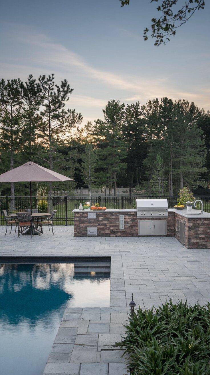 Backyard Pools with Outdoor Kitchens and Dining