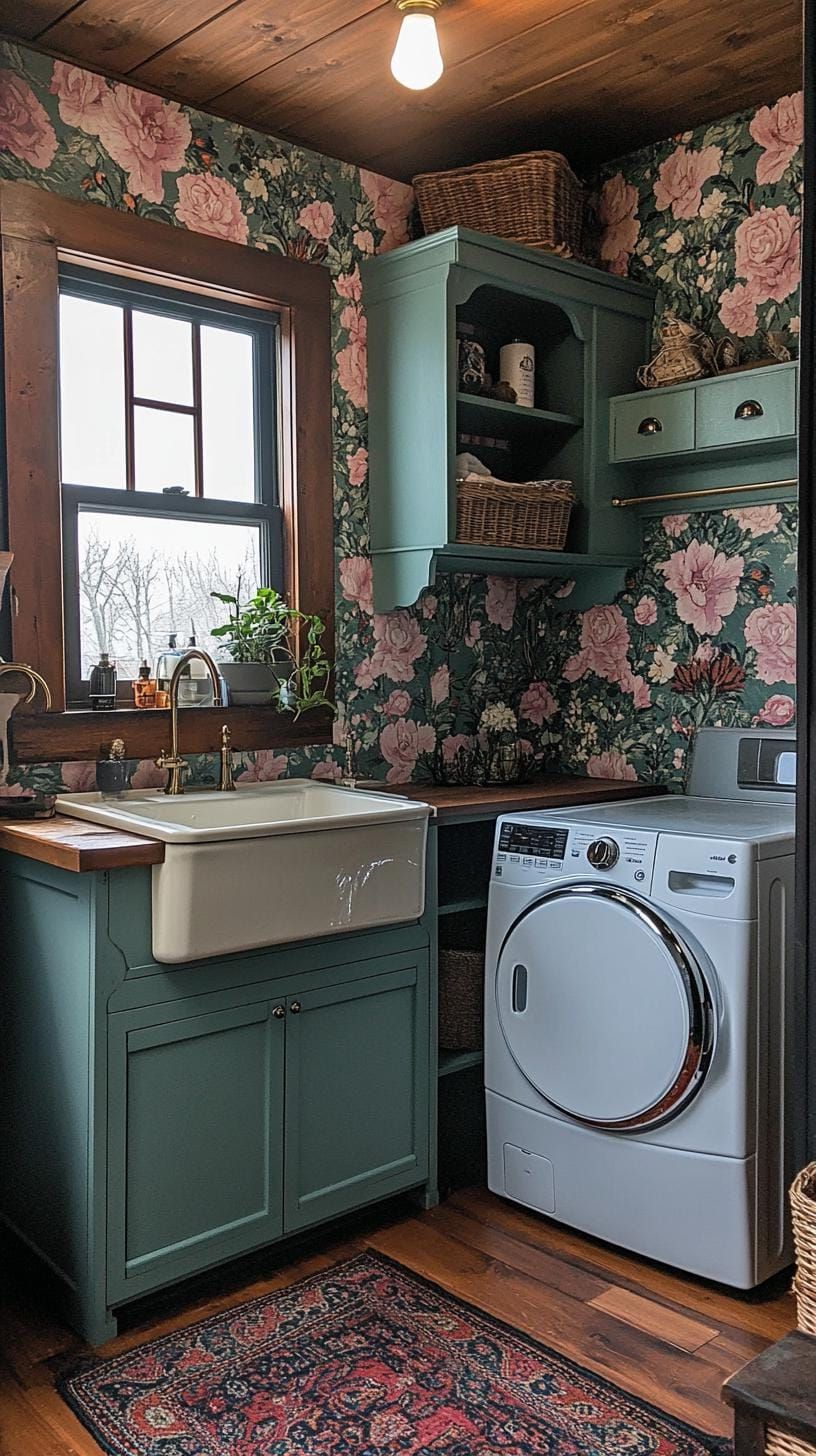 19. Vintage laundry room with apron sink and patterned wallpaper