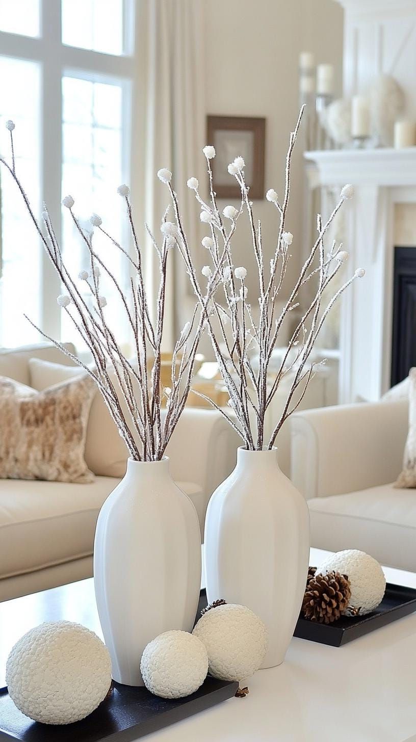 20. Faux Snow-Dusted Branches in Neutral Vases