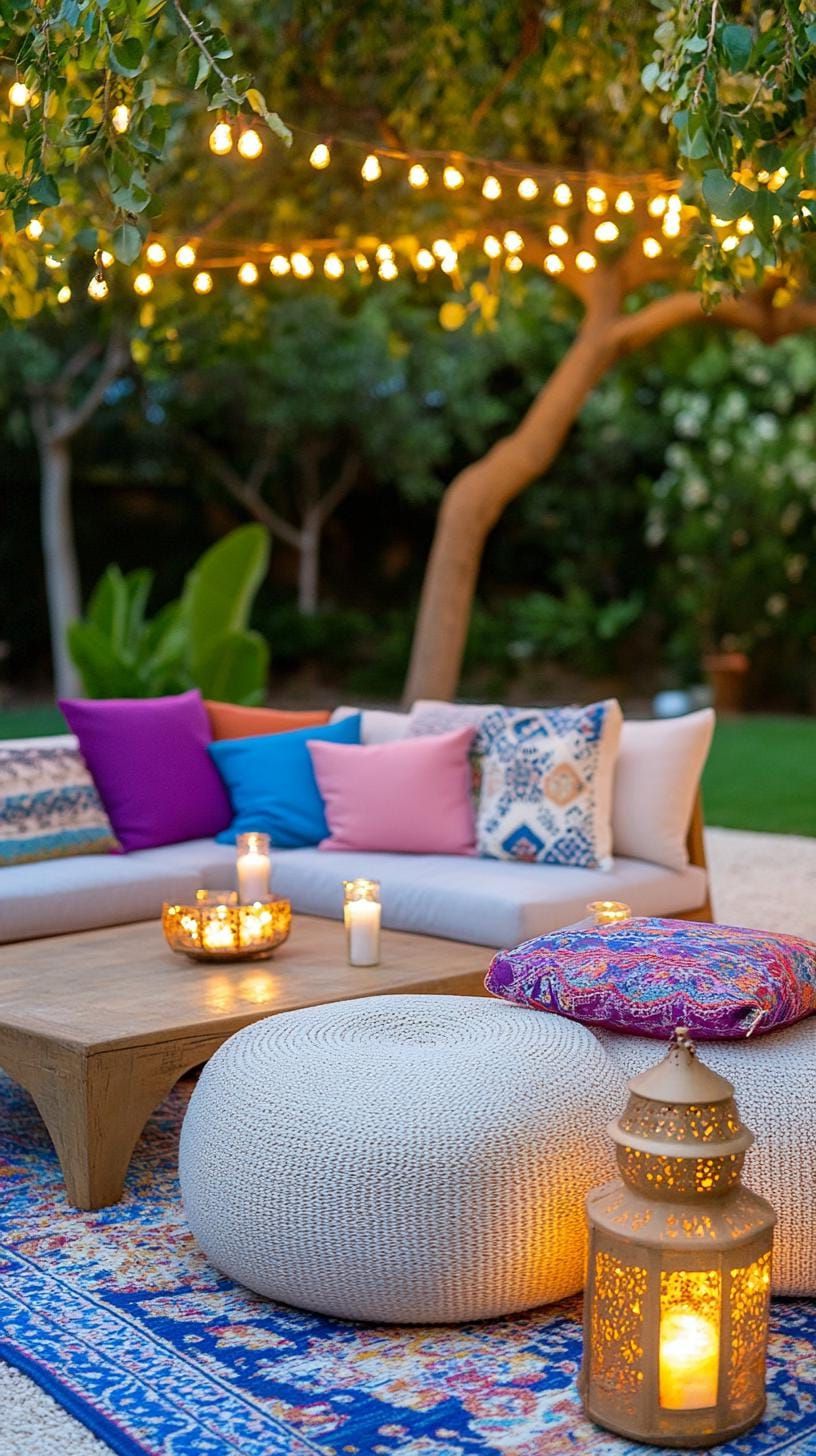 7. Twinkling Lights Above Boho Garden Seating