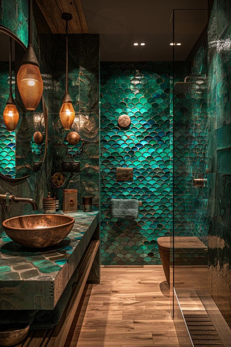 5. Deep Green Fish Scale Tile Shower