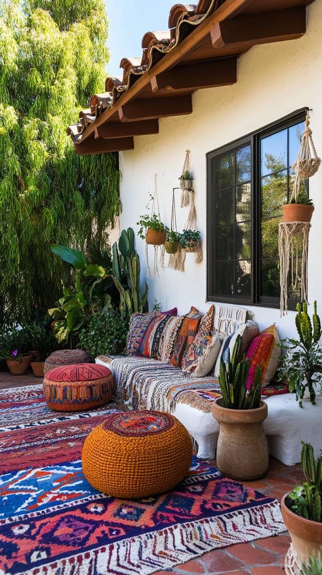 26. Boho Patio Styled with Moroccan Rugs and Greenery