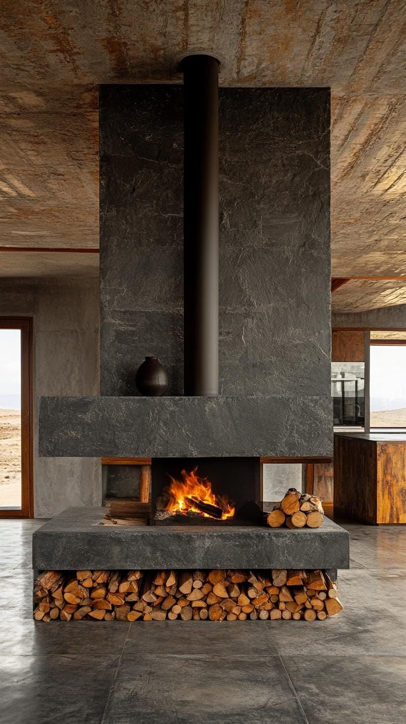 13. Gray slate fireplace with asymmetrical wood storage - photo 2