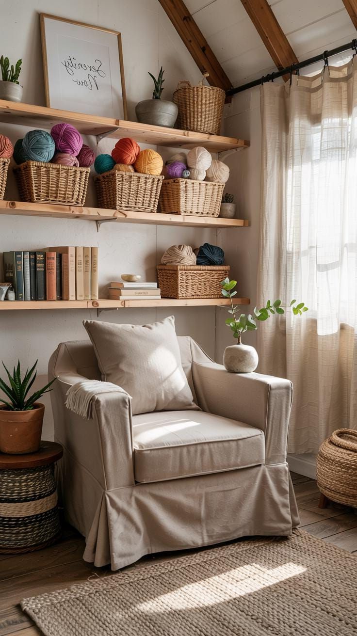 8. Neutral She Shed with Open Shelving and Jute Rug - photo 2