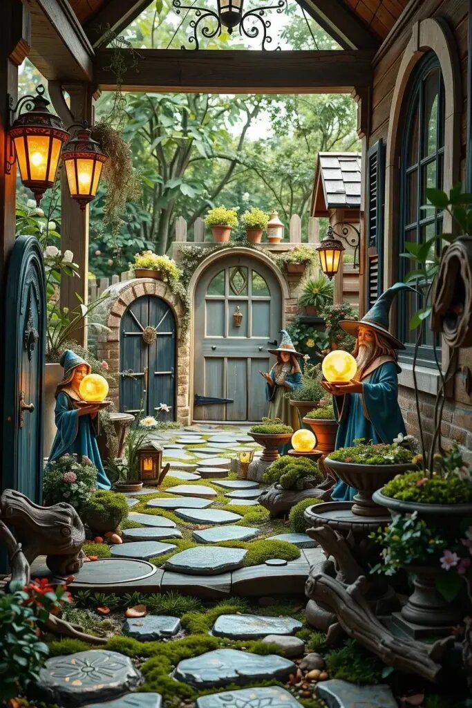 Garden Wizard Figurines with Glowing Orbs