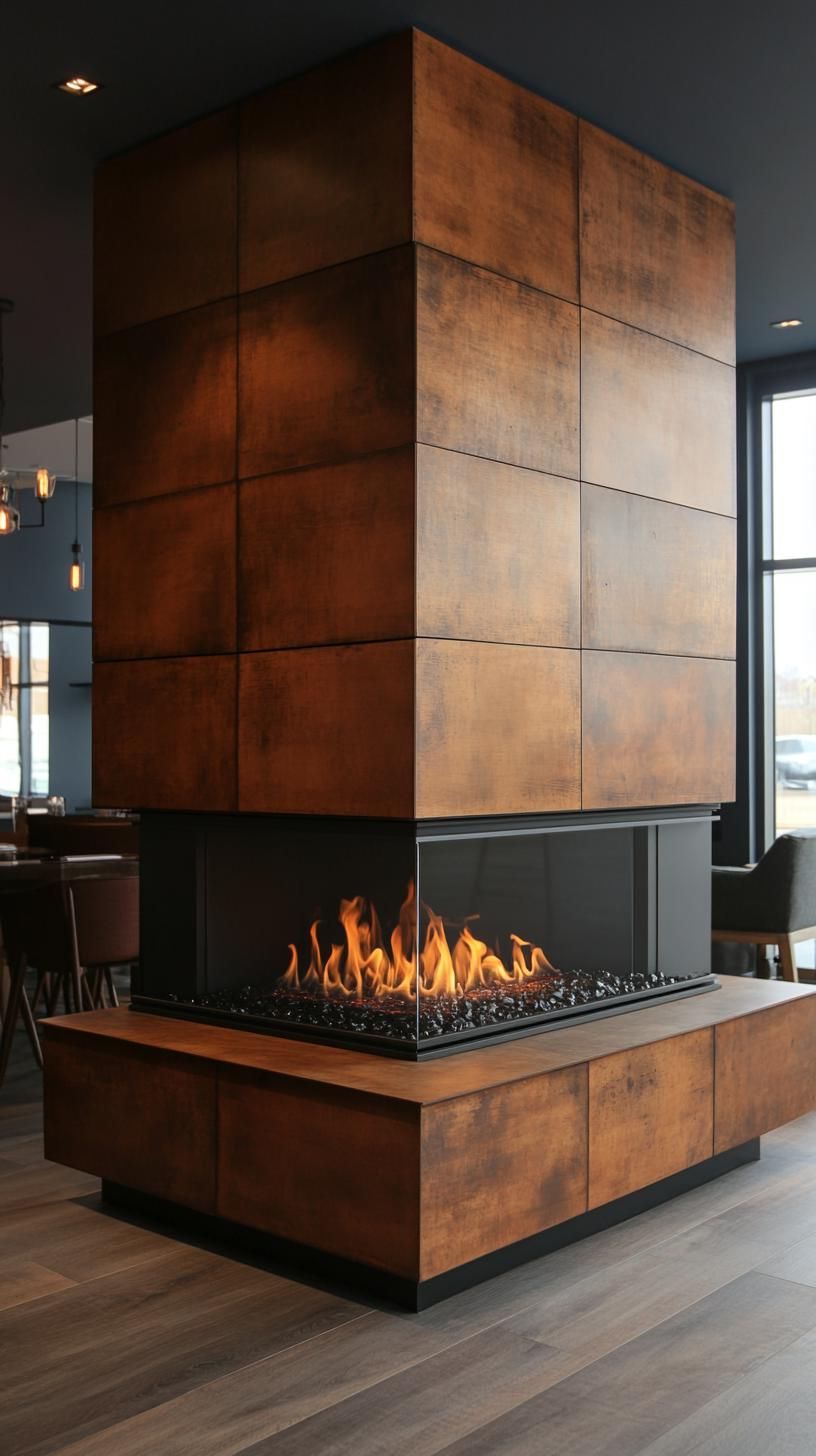 5. Natural wood-paneled wall featuring recessed contemporary gas fireplace - photo 2