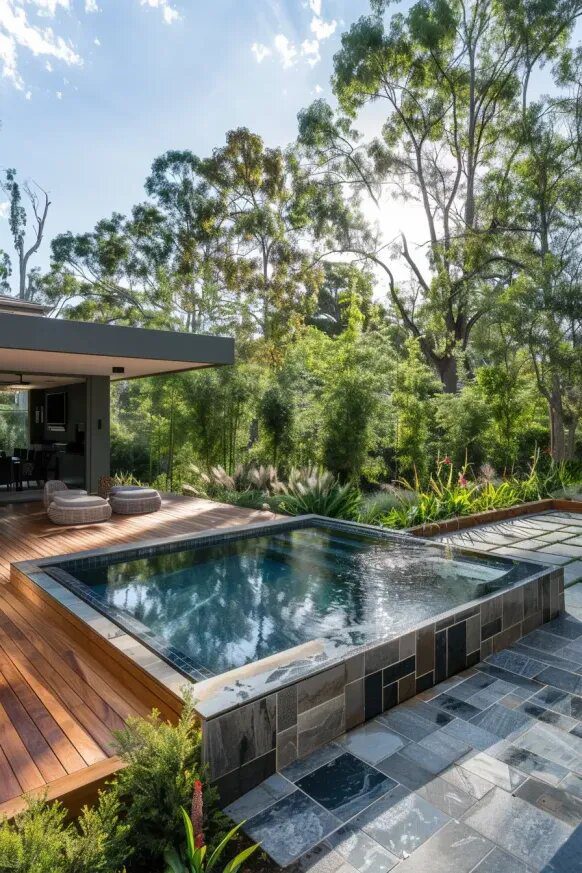 9. A Modern Semi Inground Pool with Secret Garden Charm