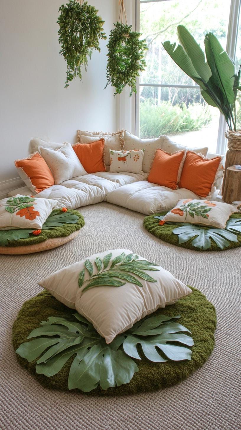 20. Forest Floor Nursery with Textured Rugs and Leaf Accents